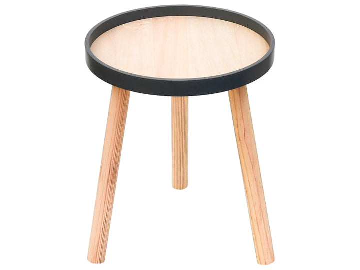Mesa de centro circular de madera clara con borde gris y tres patas cónicas.