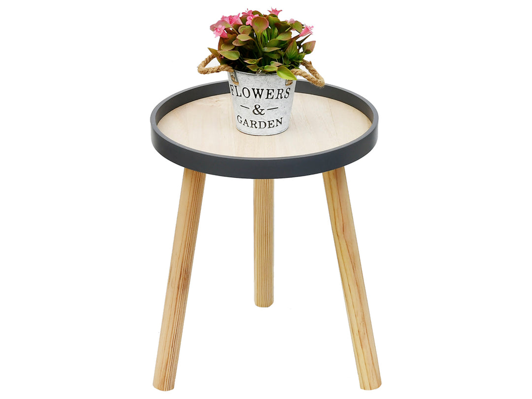 Mesa de centro circular de madera clara con borde gris y tres patas cónicas.
