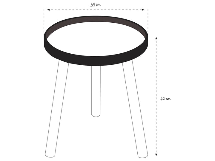 Mesa de centro circular de madera clara con borde gris y tres patas cónicas.