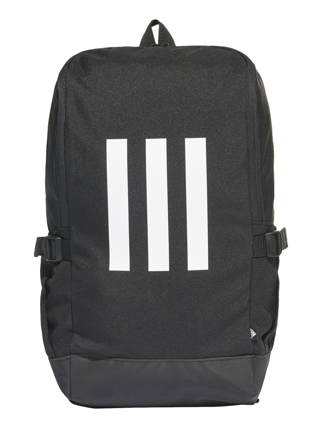 Mochila Adidas color negro con tres franjas blancas verticales en el centro.
