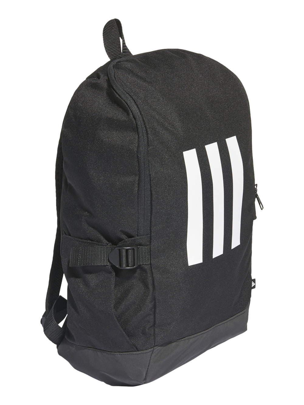 Mochila Adidas color negro con tres franjas blancas verticales en el centro.