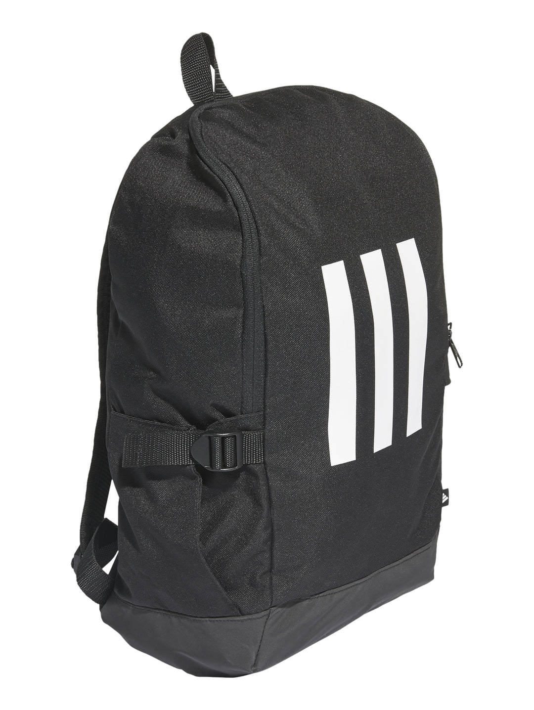 Mochila Adidas color negro con tres franjas blancas verticales en el centro.