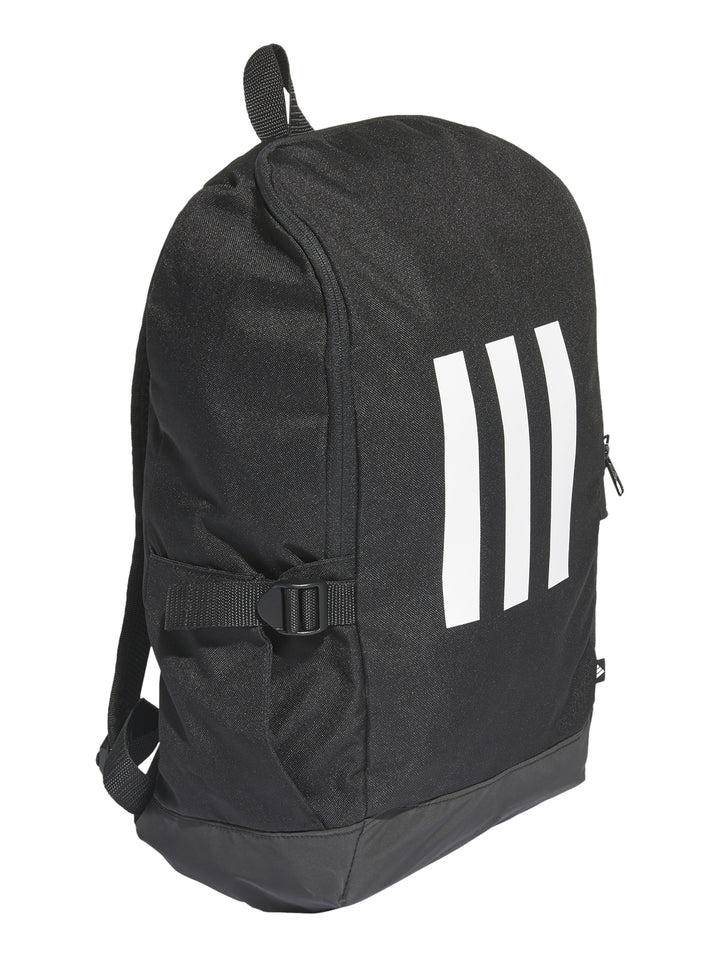 Mochila Adidas color negro con tres franjas blancas verticales en el centro.