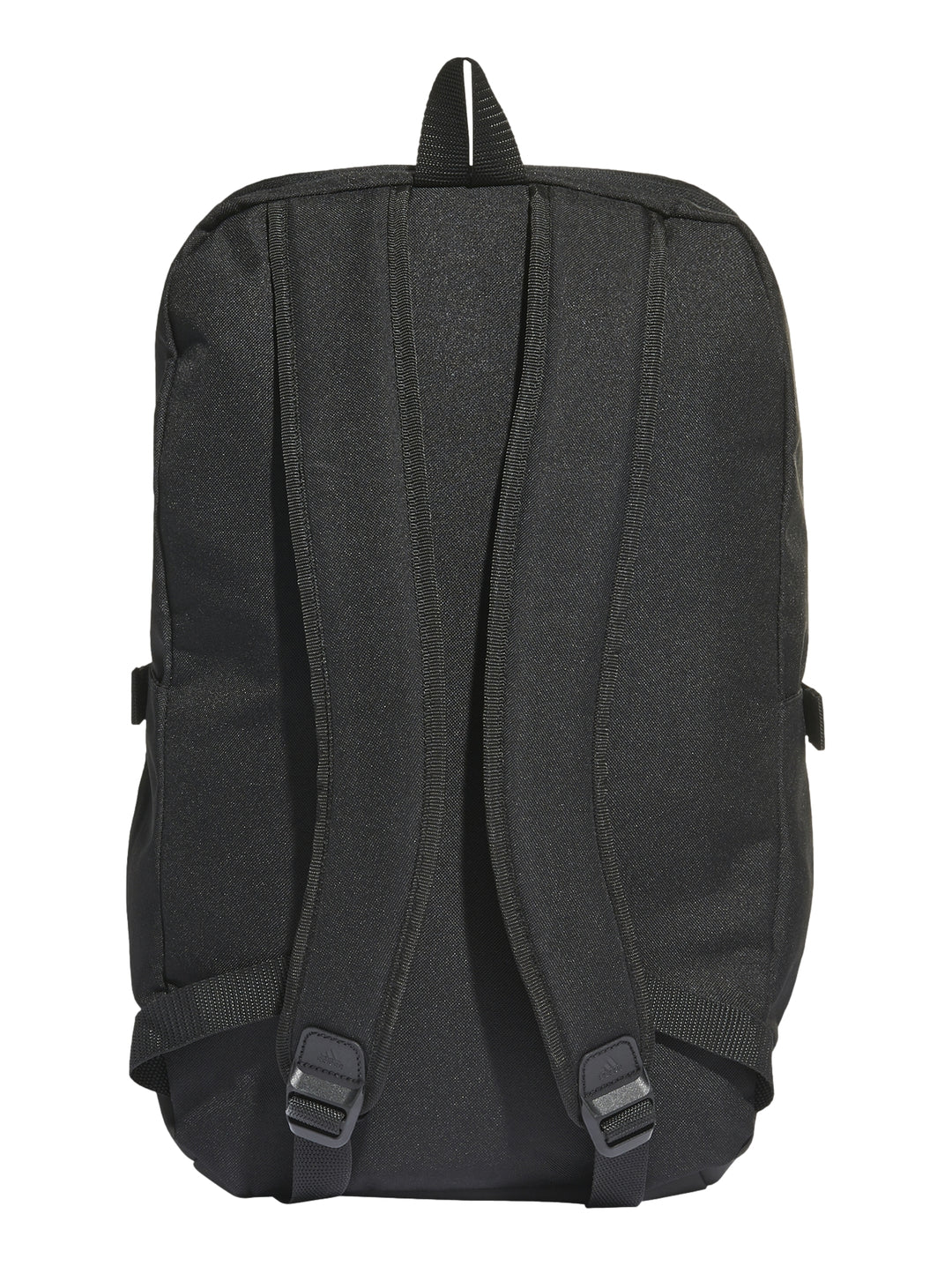 Mochila Adidas color negro con tres franjas blancas verticales en el centro.