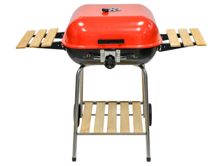 Asador Madekora rojo y negro con tapa ovalada, repisas laterales y base de madera con llantas.