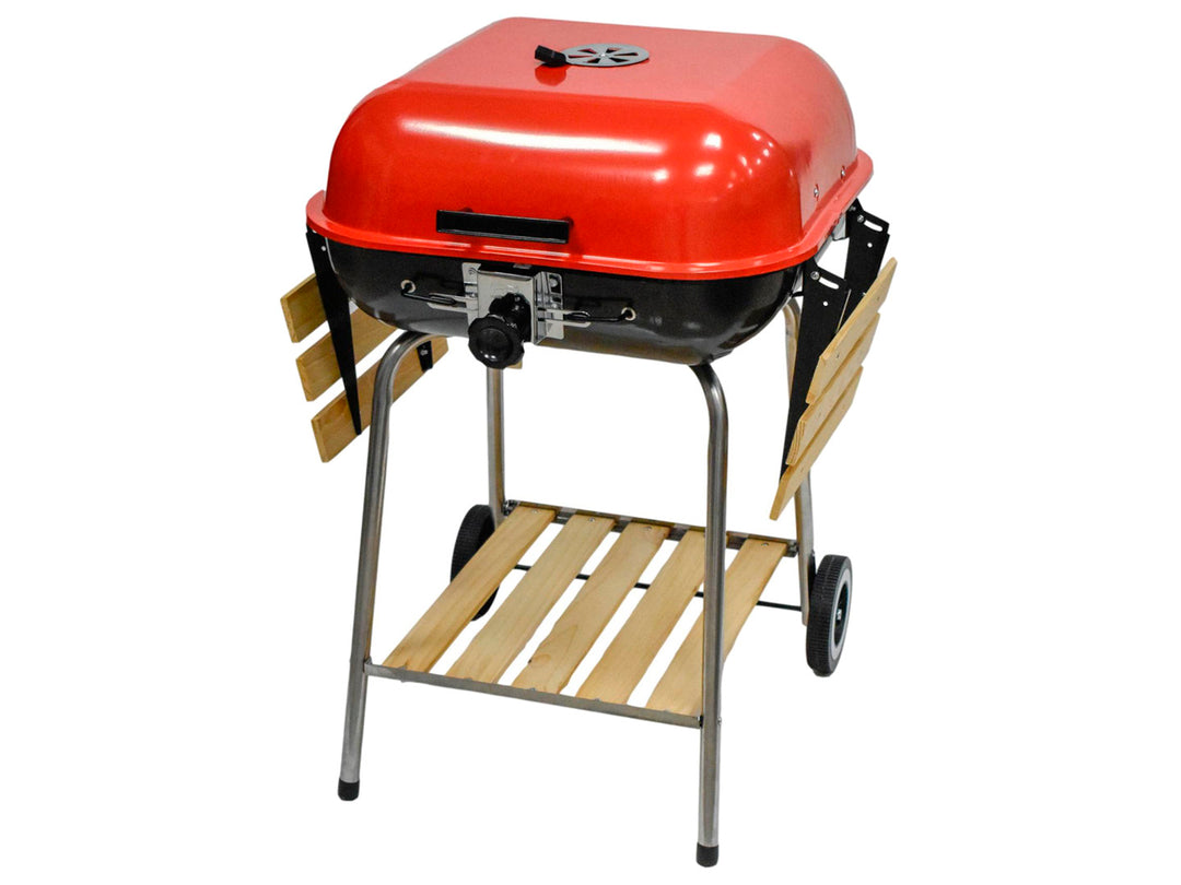 Asador Madekora rojo y negro con tapa ovalada, repisas laterales y base de madera con llantas.