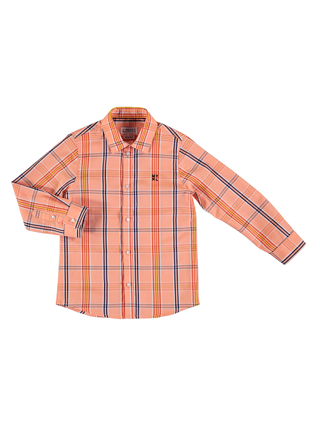 Camisa infantil de manga larga con patrón de cuadros en color apricot y azul marino.