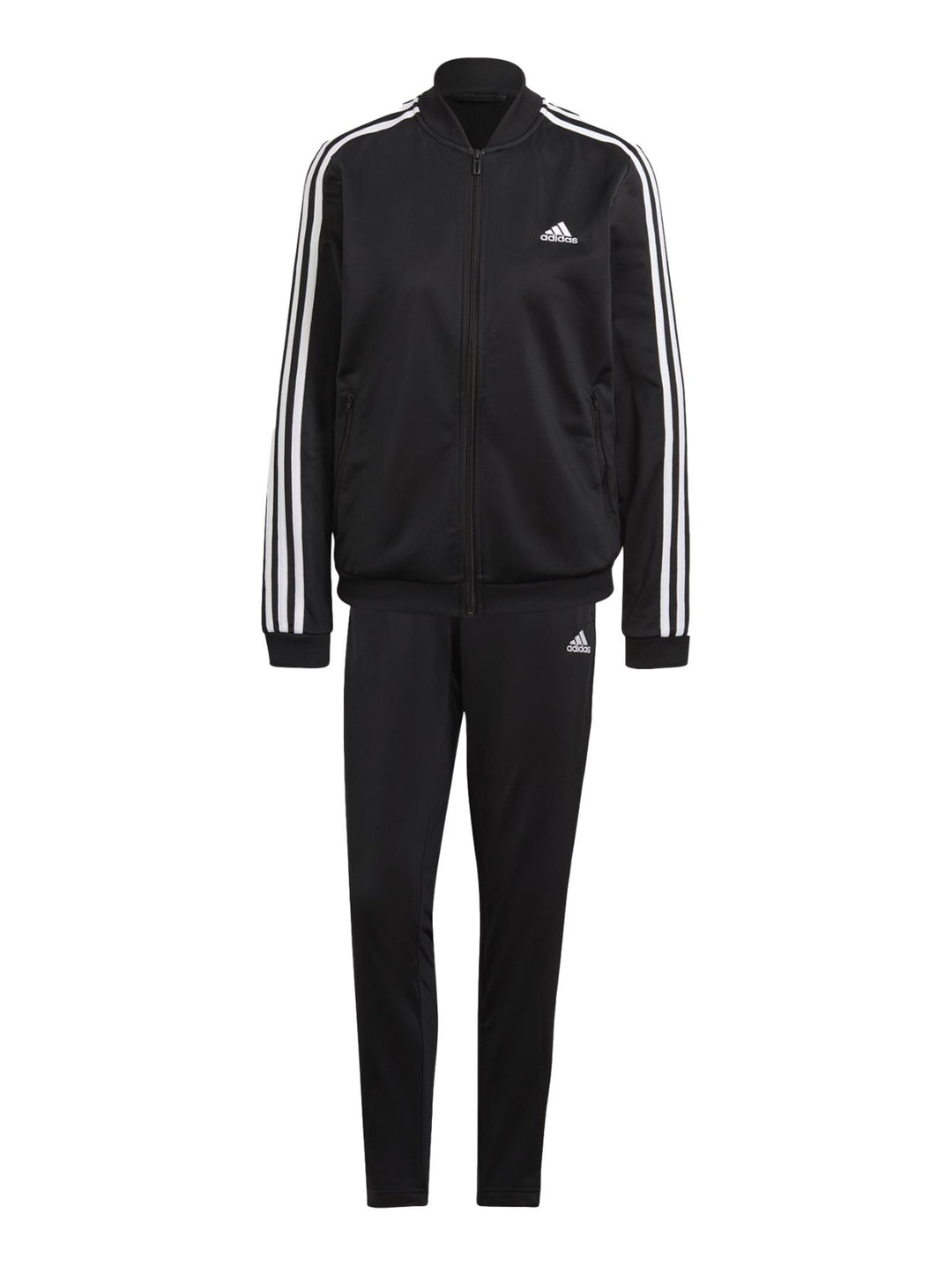 Conjunto deportivo Adidas negro para mujer con rayas blancas laterales y calzado blanco.