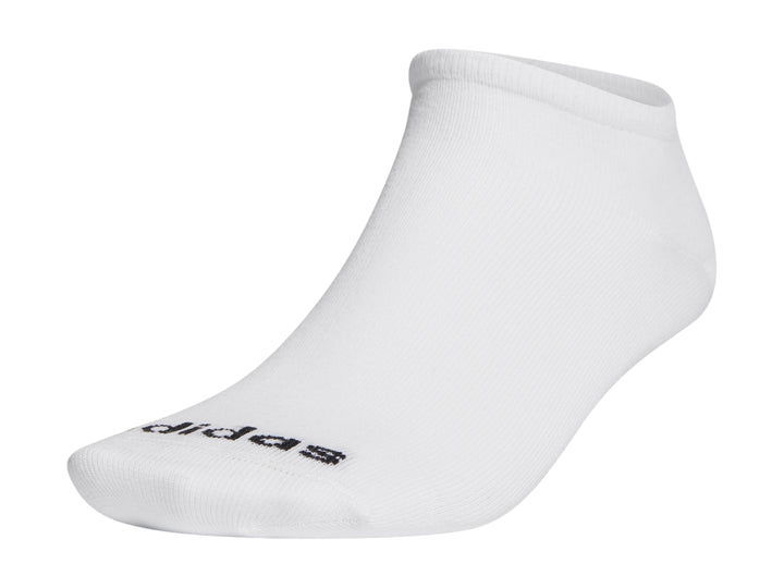Calcetín corto blanco Adidas con logotipo negro en la zona del pie.