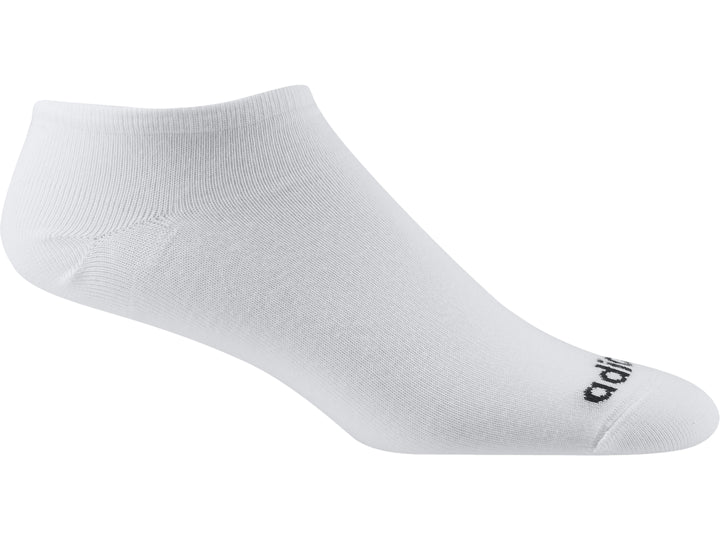 Calcetín corto blanco Adidas con logotipo negro en la zona del pie.