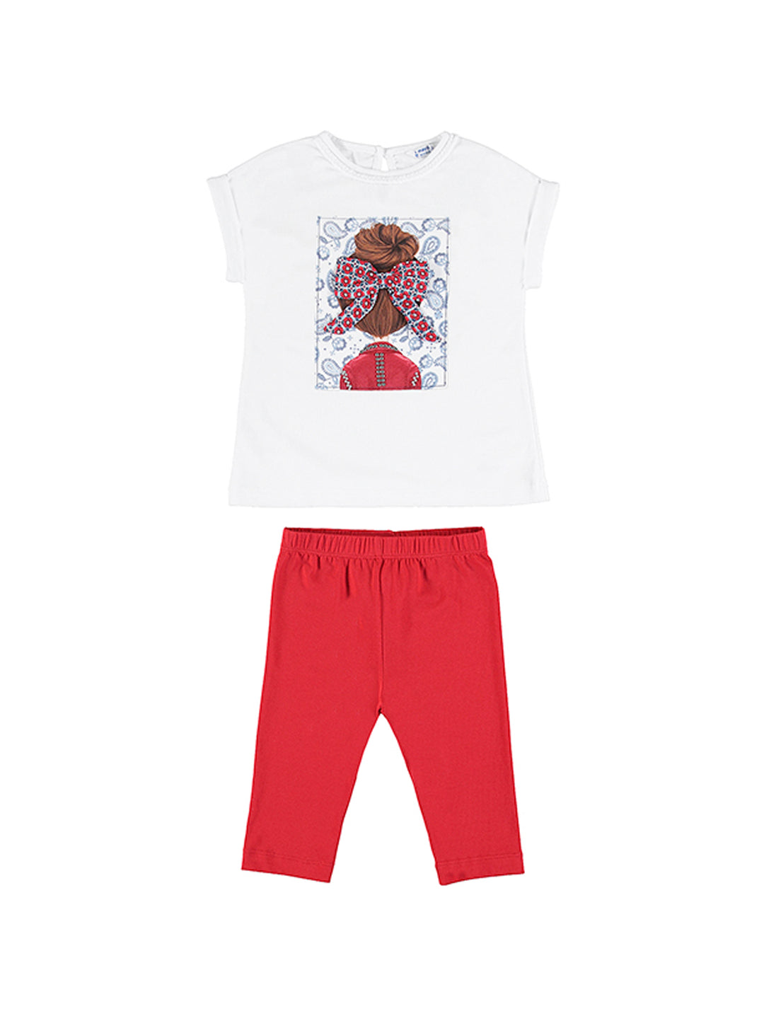Conjunto para niña Mayoral: camiseta blanca con estampado de muñeca y mallas color rojo amapola.