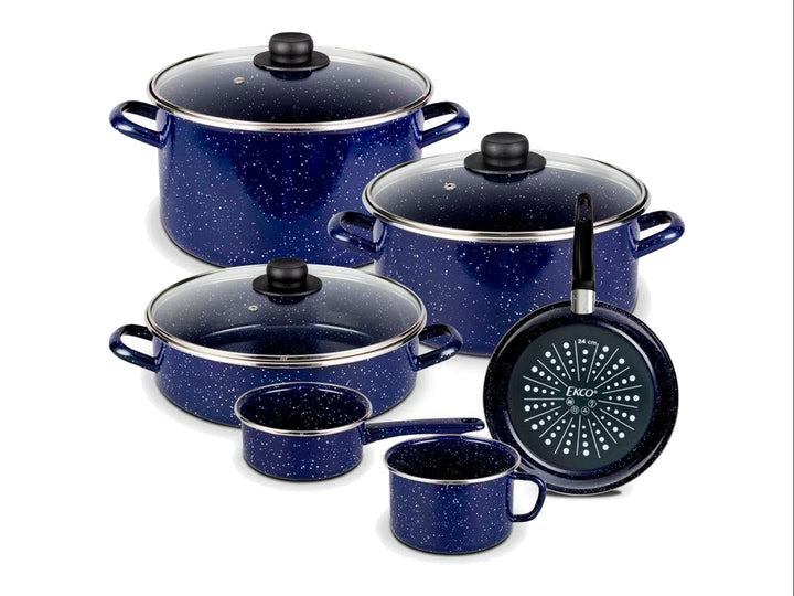 Set de batería de cocina Ekco de 9 piezas en color azul marino con acabado brillante y tapas de vidrio.