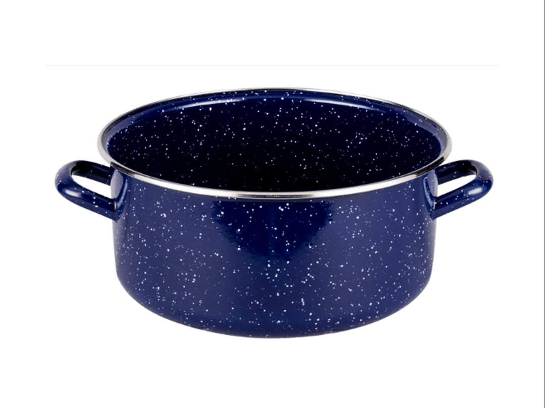 Set de batería de cocina Ekco de 9 piezas en color azul marino con acabado brillante y tapas de vidrio.