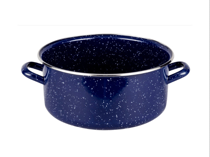 Set de batería de cocina Ekco de 9 piezas en color azul marino con acabado brillante y tapas de vidrio.