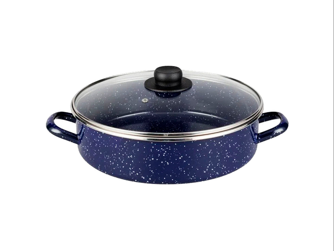 Set de batería de cocina Ekco de 9 piezas en color azul marino con acabado brillante y tapas de vidrio.