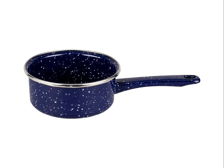 Set de batería de cocina Ekco de 9 piezas en color azul marino con acabado brillante y tapas de vidrio.