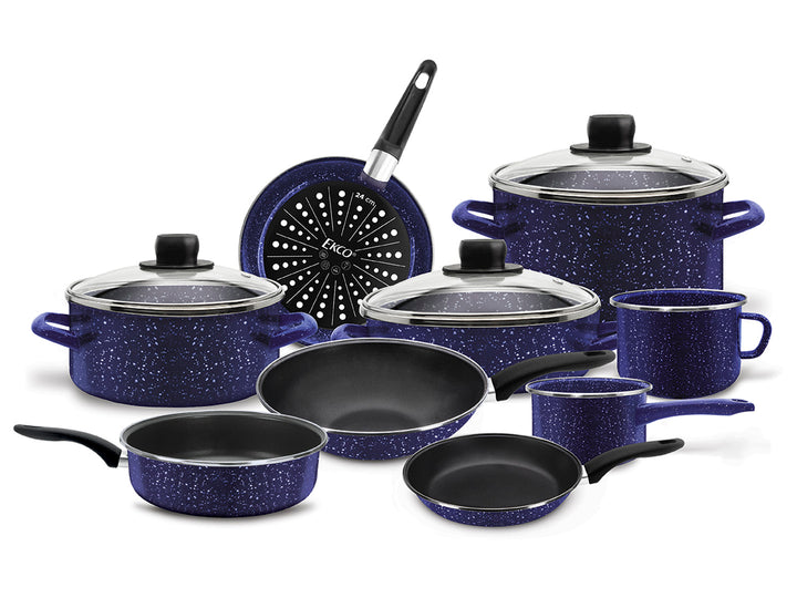 Set de batería de cocina Vasconia azul esmaltado con motas blancas, incluye ollas, sartenes y tapas.