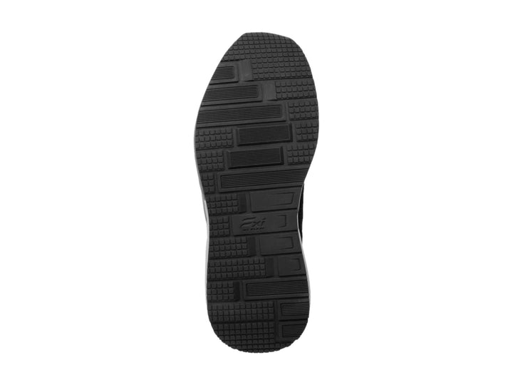 Tenis deportivos Flexi color negro con suela gris y detalles en naranja para hombre.
