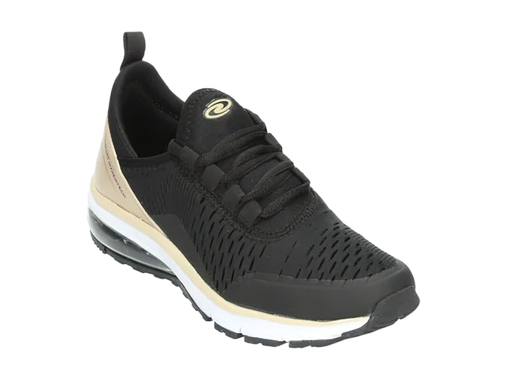 Tenis deportivos color negro con detalles en oro y suela blanca con amortiguación de aire.