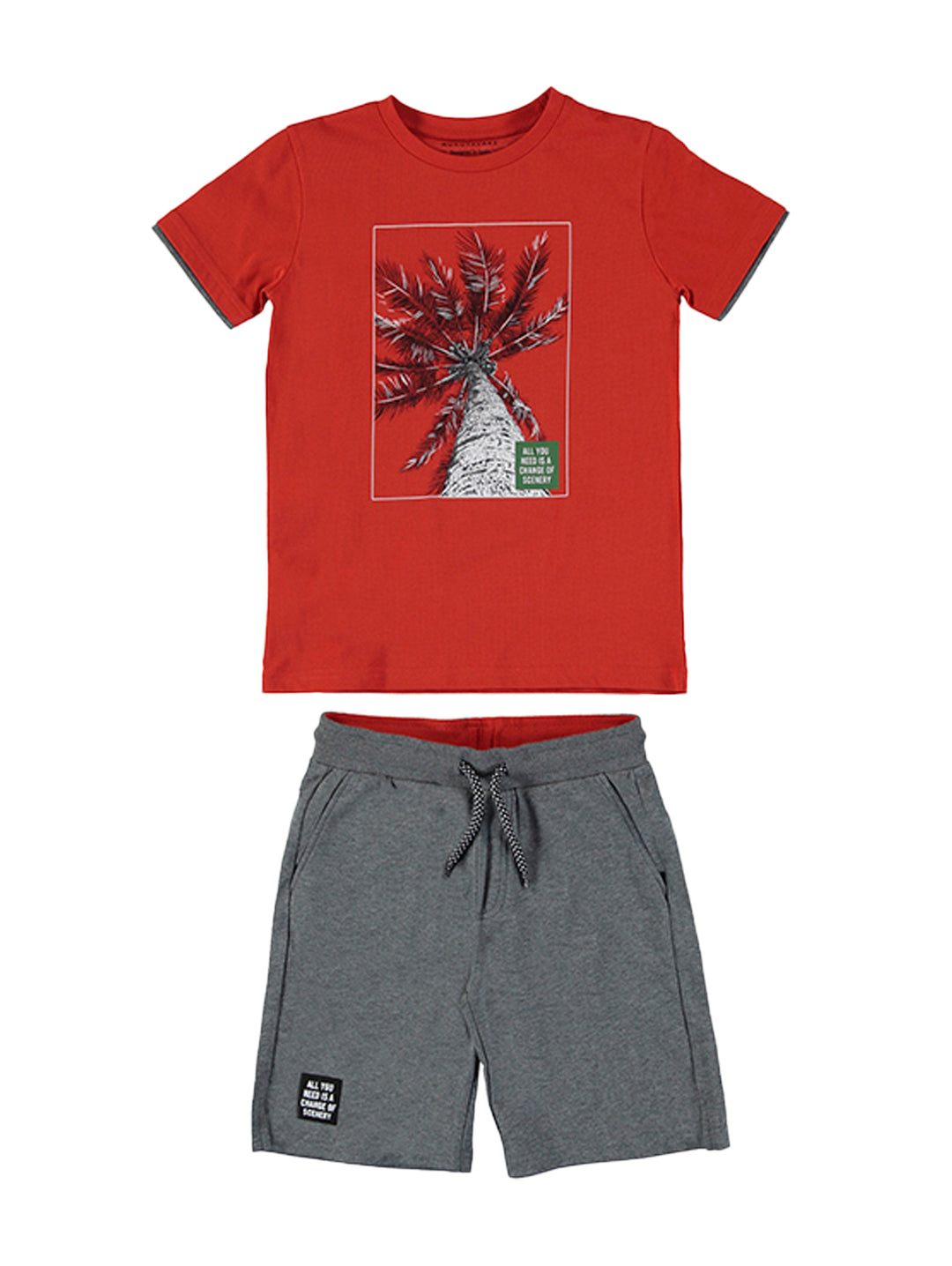 Conjunto para niño con camiseta roja estampada de palmera y pantalón corto color gris.