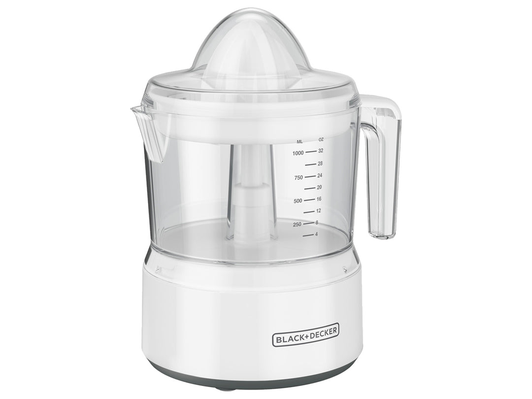 Exprimidor de cítricos Black+Decker blanco con jarra transparente y base gris.