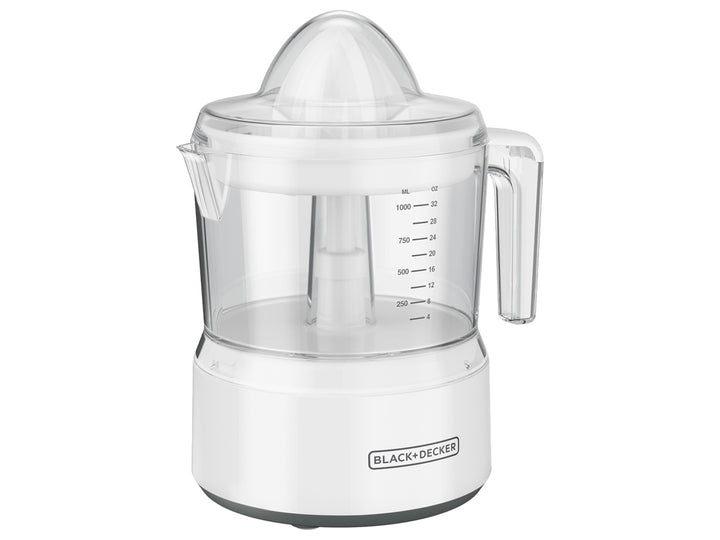 Exprimidor de cítricos Black+Decker blanco con jarra transparente y base gris.