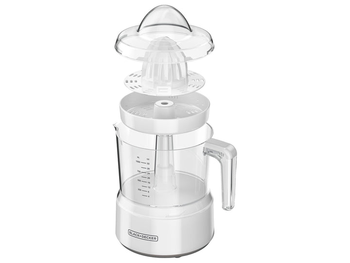 Exprimidor de cítricos Black+Decker blanco con jarra transparente y base gris.