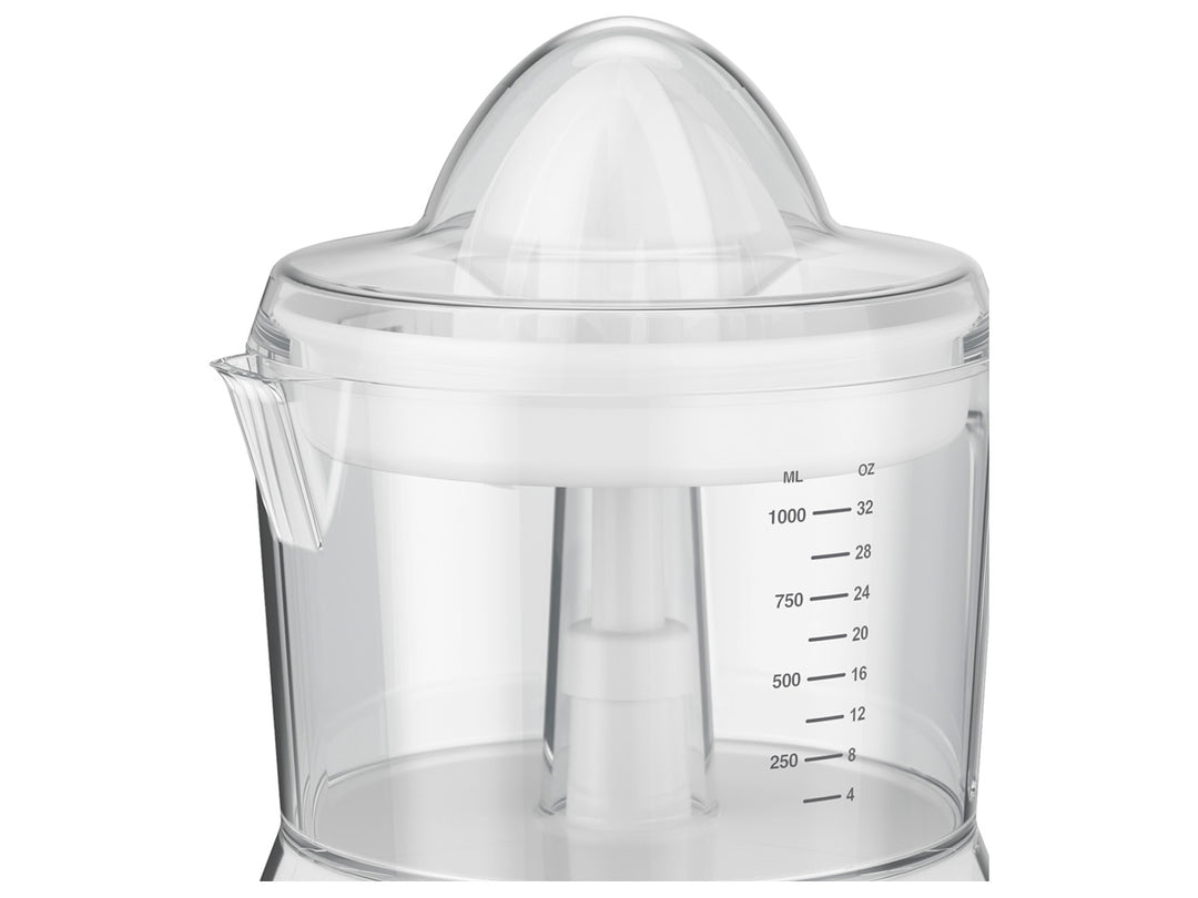 Exprimidor de cítricos Black+Decker blanco con jarra transparente y base gris.