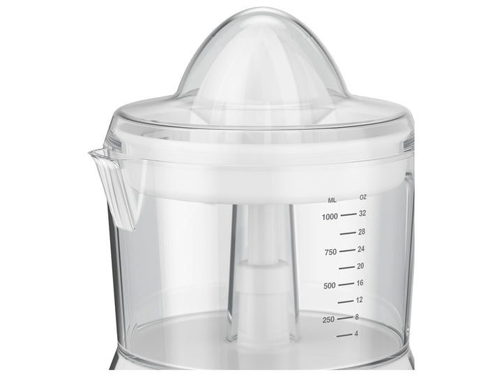 Exprimidor de cítricos Black+Decker blanco con jarra transparente y base gris.