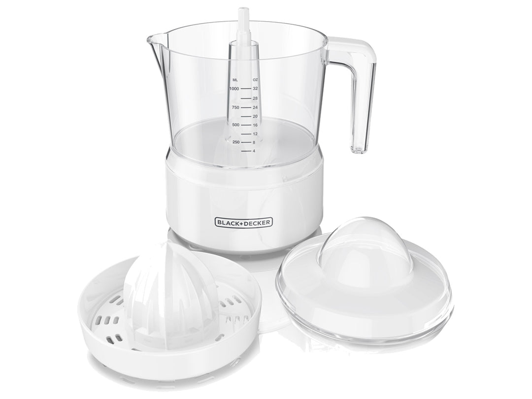 Exprimidor de cítricos Black+Decker blanco con jarra transparente y base gris.
