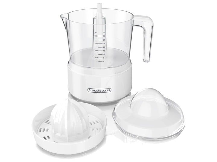 Exprimidor de cítricos Black+Decker blanco con jarra transparente y base gris.