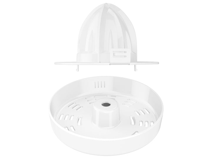 Exprimidor de cítricos Black+Decker blanco con jarra transparente y base gris.
