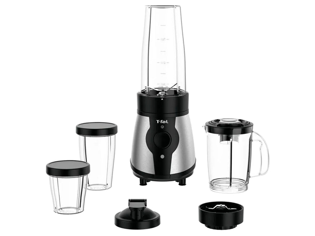 Mini procesador de alimentos T-fal Actimix negro y plata con accesorios transparentes.
