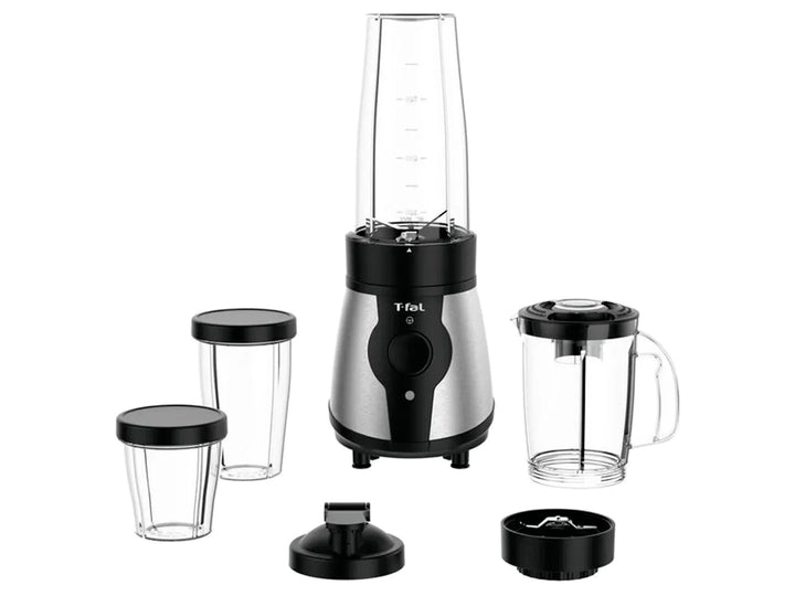 Mini procesador de alimentos T-fal Actimix negro y plata con accesorios transparentes.