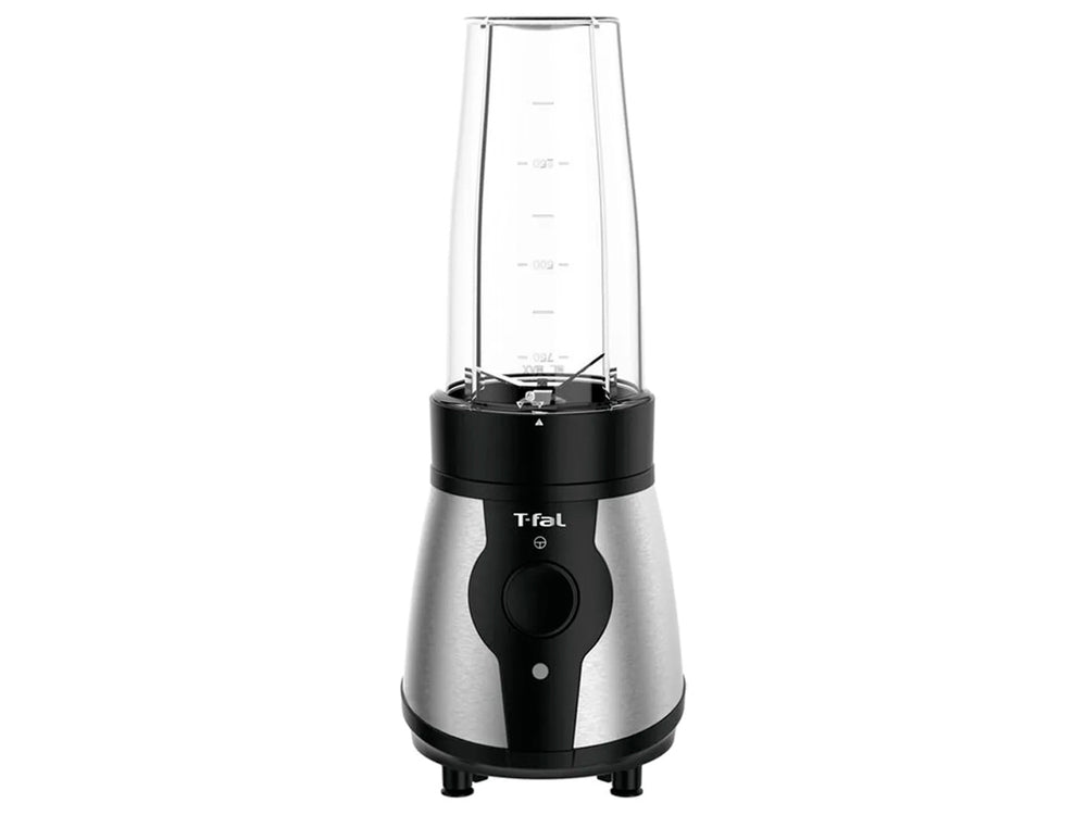 Mini procesador de alimentos T-fal Actimix negro y plata con accesorios transparentes.