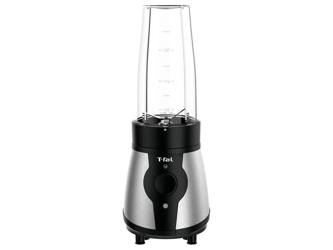 Mini procesador de alimentos T-fal Actimix negro y plata con accesorios transparentes.