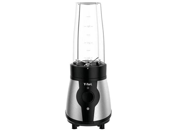 Mini procesador de alimentos T-fal Actimix negro y plata con accesorios transparentes.