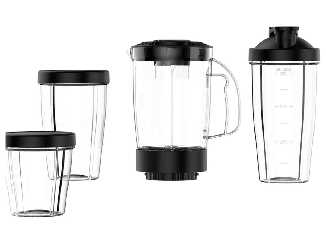 Mini procesador de alimentos T-fal Actimix negro y plata con accesorios transparentes.