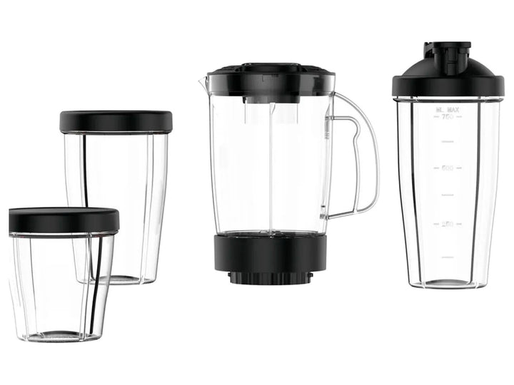 Mini procesador de alimentos T-fal Actimix negro y plata con accesorios transparentes.