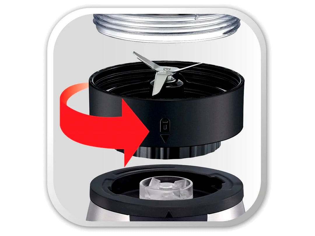 Mini procesador de alimentos T-fal Actimix negro y plata con accesorios transparentes.