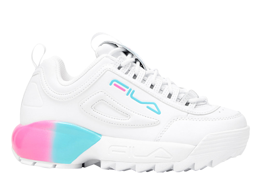 Tenis FILA Disruptor 2A color blanco con degradado rosa y azul en la suela.