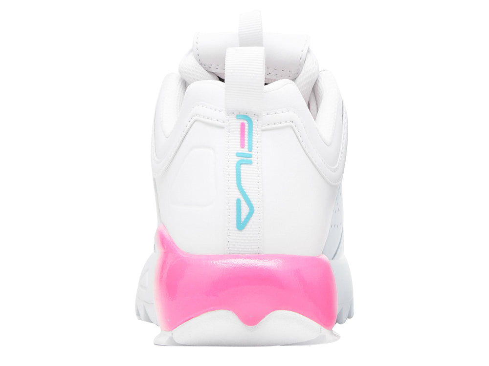 Tenis FILA Disruptor 2A color blanco con degradado rosa y azul en la suela.