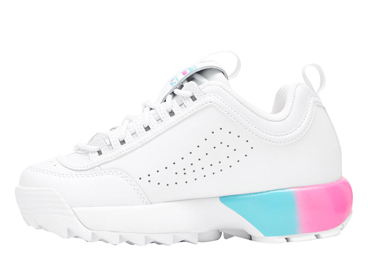 Tenis FILA Disruptor 2A color blanco con degradado rosa y azul en la suela.