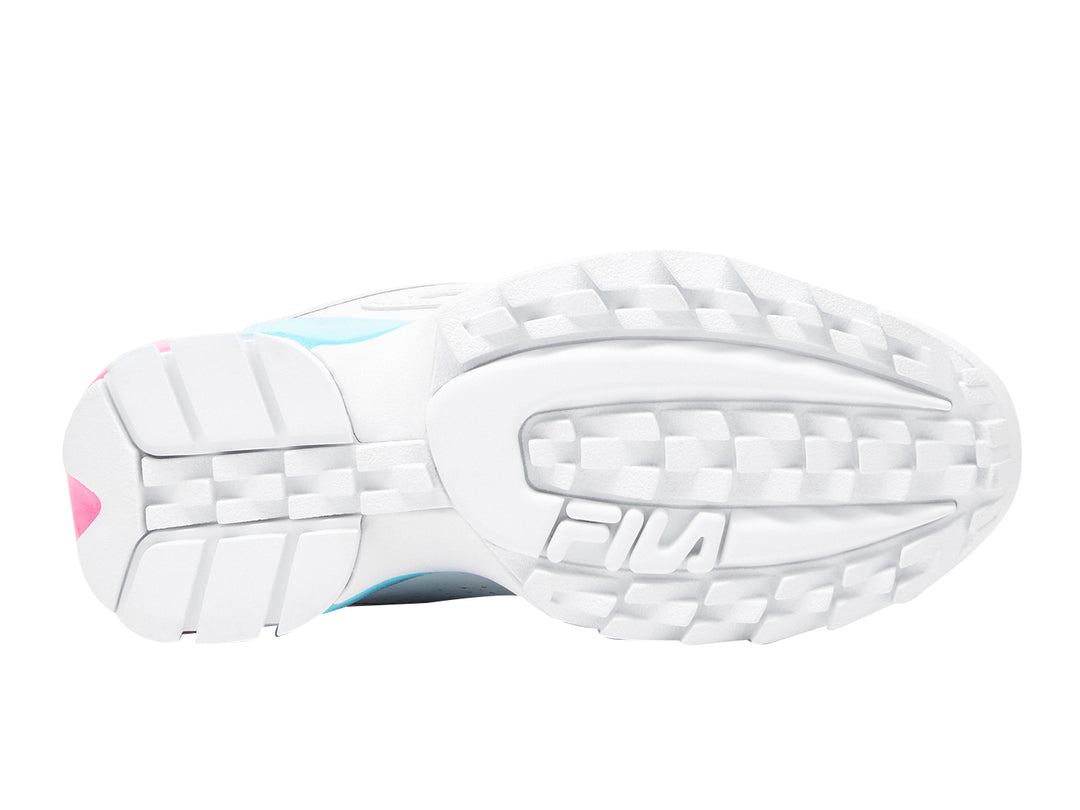 Tenis FILA Disruptor 2A color blanco con degradado rosa y azul en la suela.