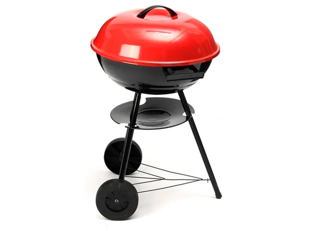Asador al carbón Aquila color rojo y negro con tapa circular y ruedas.