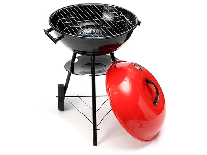 Asador al carbón Aquila color rojo y negro con tapa circular y ruedas.