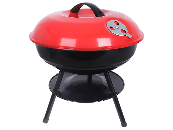 Asador al carbón Aquila de color rojo y negro con tapa y soporte metálico.