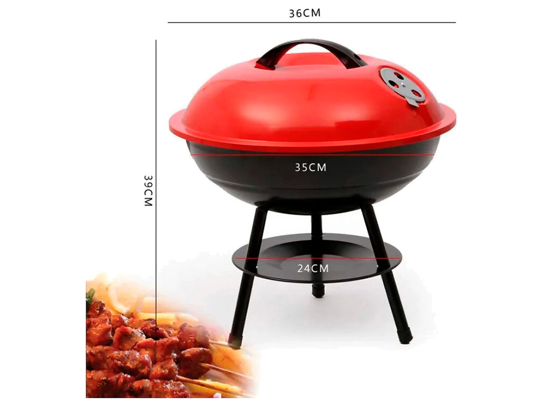 Asador al carbón Aquila de color rojo y negro con tapa y soporte metálico.