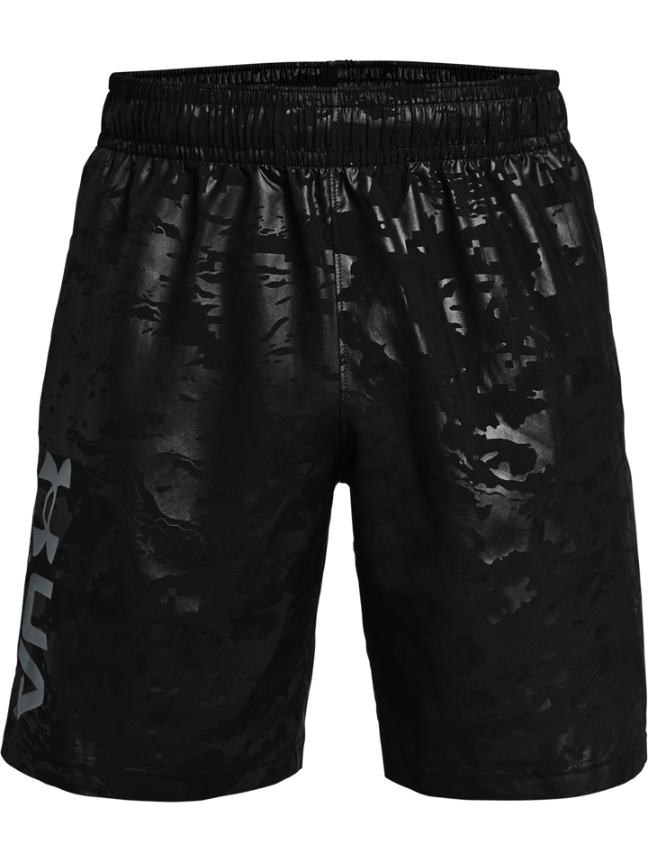 Pantalones cortos deportivos Under Armour en color negro con textura grabada brillante y cintura elástica.
