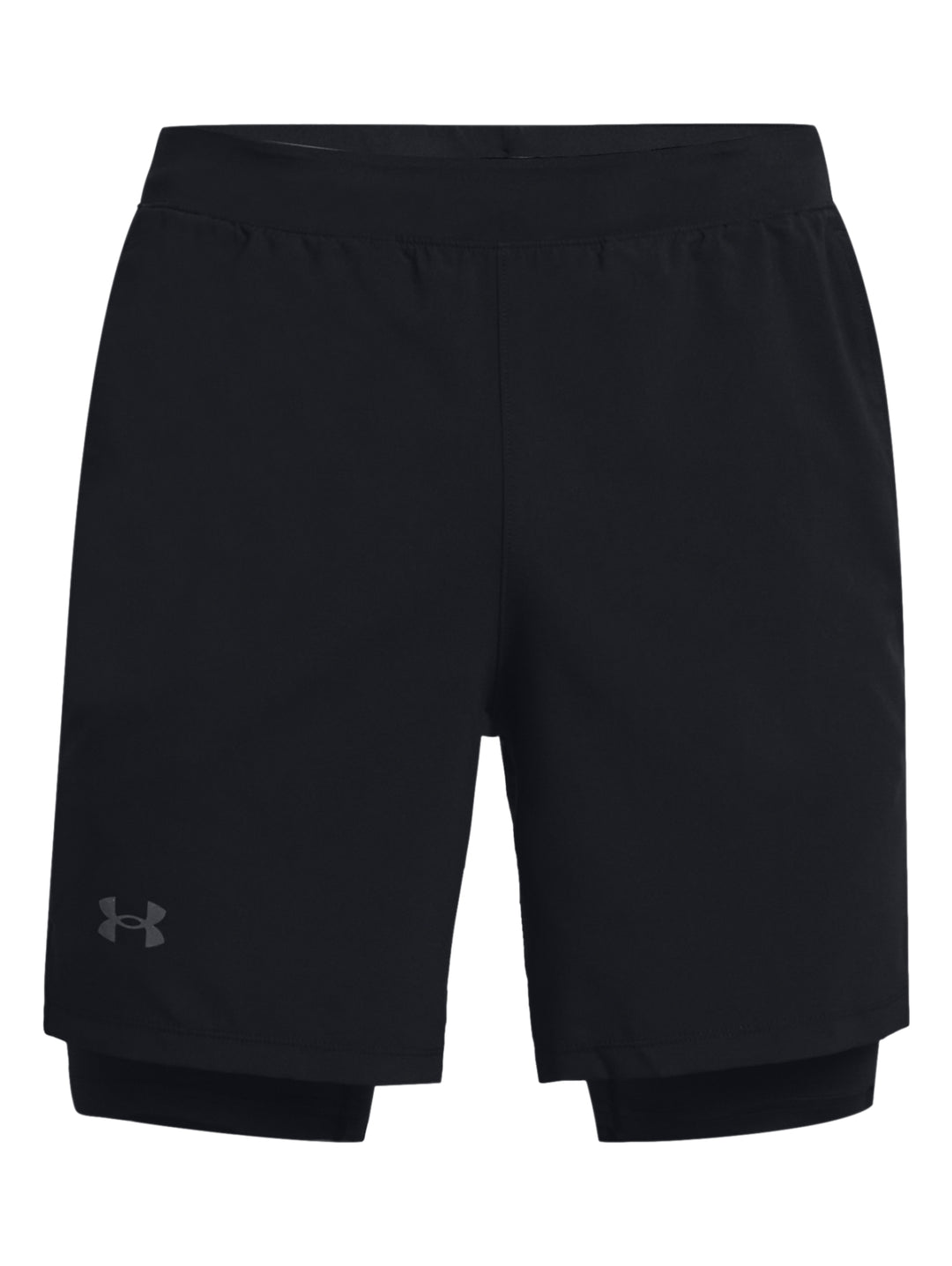 Shorts deportivos Under Armour color negro, diseño 2 en 1 con capa interior y exterior.